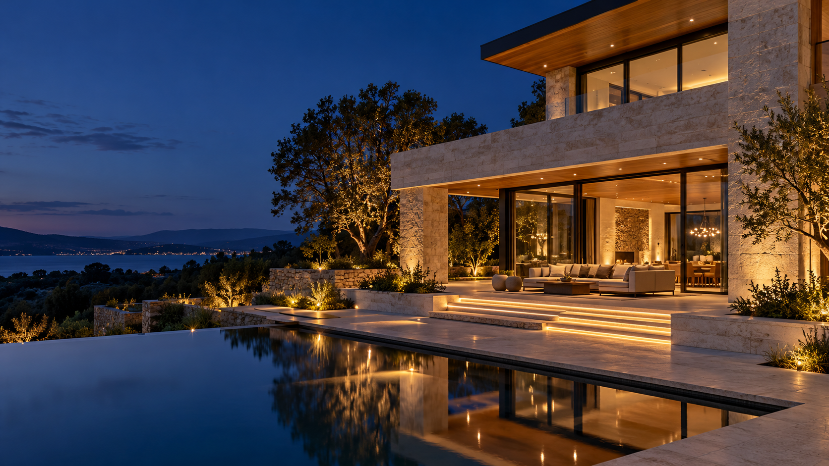 Illustrative contemporary home with warm interior lighting at dusk
